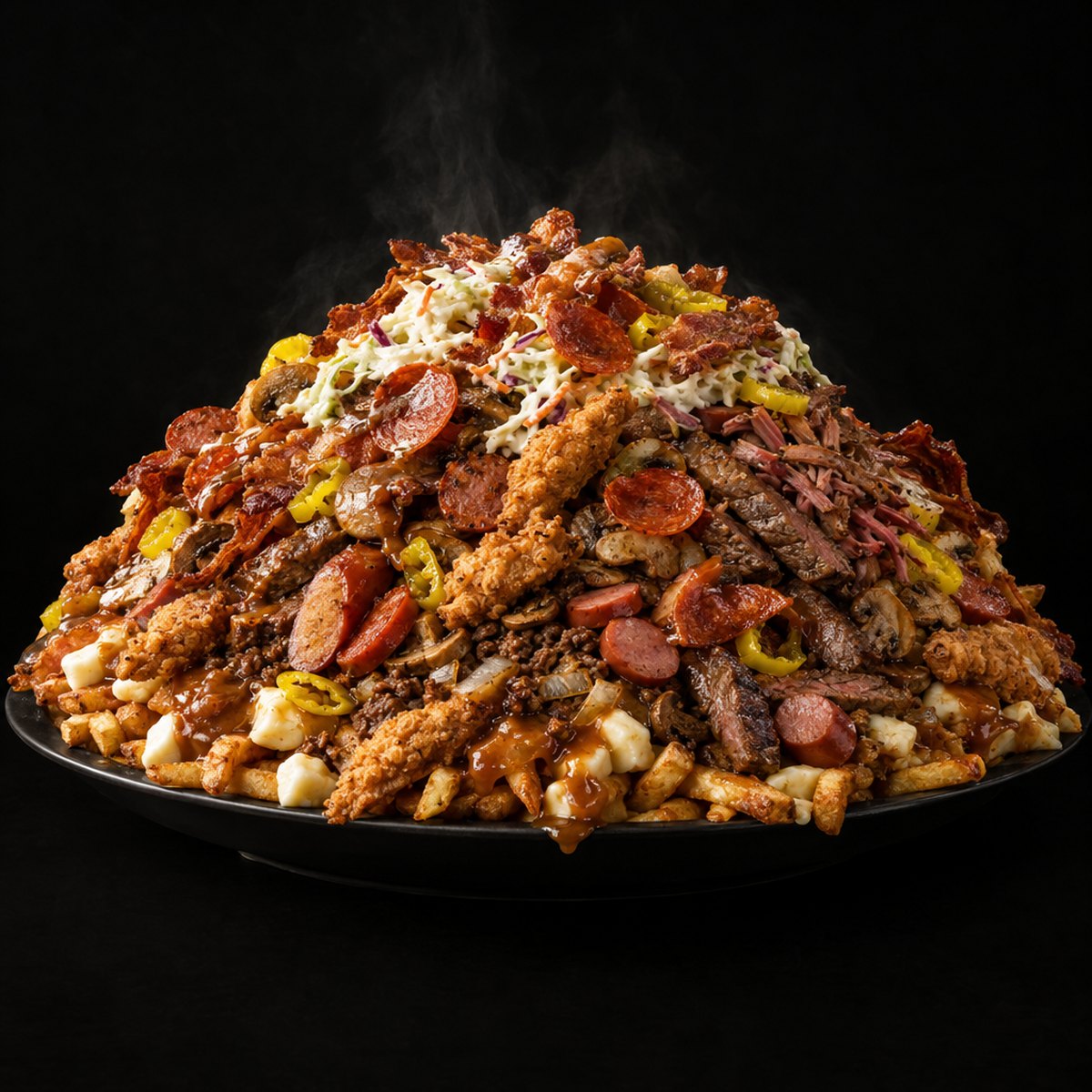La poutine Crise Cardiaque : frites, fromage et sauce sous quatorze garnitures, servie dans une grande assiette.